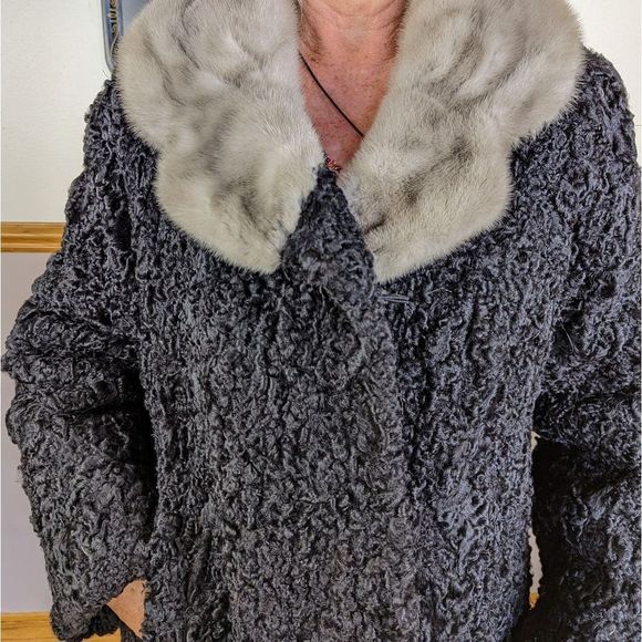 Vintage Black 50s Persian Lamb Karakul Gray Mink Collar Fur Coat Size Large - Picture 5 of 9